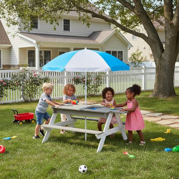 kids patio table umbrella Olakids Picnic Table, Outdoor Toddler Furniture Set with 2 Folding Chairs Adjustable Foldable for Garden Backyard Beach Blue This durable and multi Kids Outdoor Play Table with