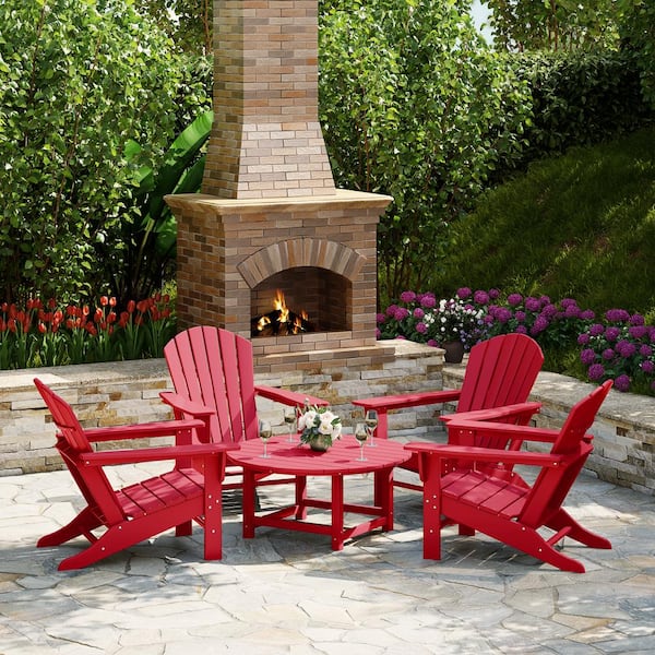 Altura Fade Resistant HDPE Plastic Red 5-Piece Adirondack Chair Outdoor Patio Conversation Set, Round Coffee Table