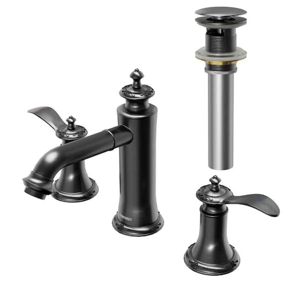 Karran Vineyard Widespread 2-Handle Three Hole Bathroom Faucet with Matching Pop-Up Drain in Gunmetal Grey