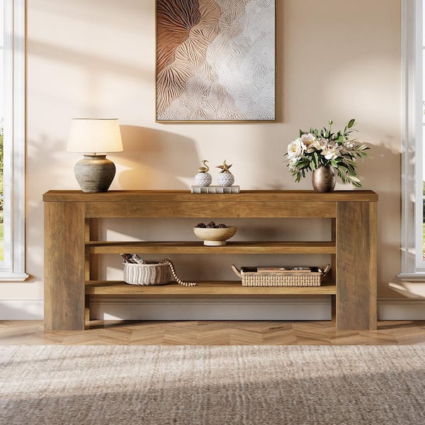 Ezlynn 47.2 in. Brown Wooden TV Stand with Storage Shelves, 3-Tier Rectangle TV Console Table Fits TVs up to 55 in.