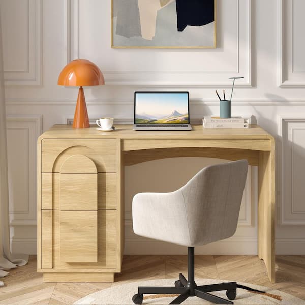 47 in. Natural Oak Writing Desk with Arched Accents, 3-Drawer Office Desk with File Storage and Curved Waterfall Edge