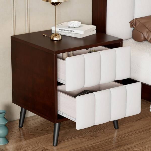 Harper & Bright Designs Walnut 2-Drawer 19.7 in. W Wood Nightstand with Beige Linen Upholstered Front of Drawers