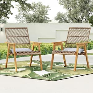 Set of 2, Woven Wicker Outdoor Large Lounge Club Chair with Pillow for Patio, Deck, Yard, Teak