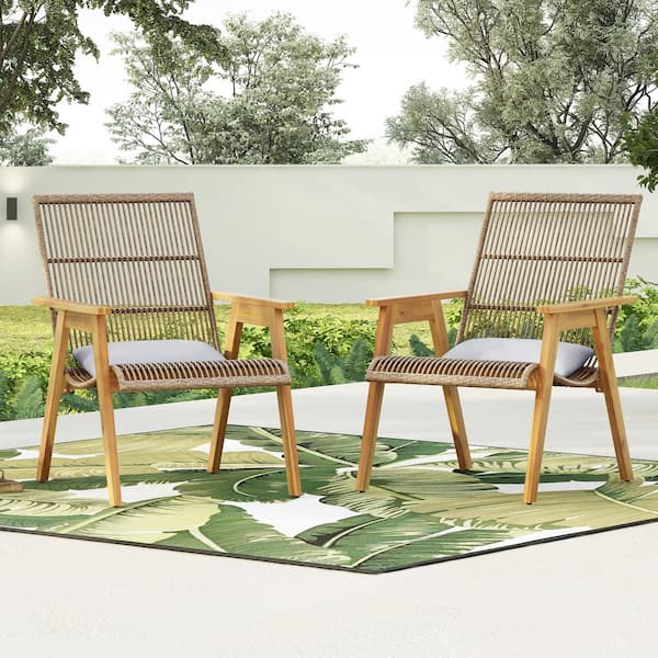 Unbranded Set of 2, Woven Wicker Outdoor Large Lounge Club Chair with Pillow for Patio, Deck, Yard, Teak