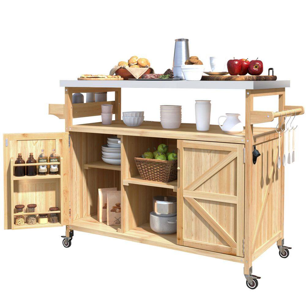 Outdoor Wood Kitchen Island, Rolling Bar Cart & Grill Island with Stainless Steel Top, Spice Rack, Towel Rack in Brown price history on PriceWatchPro