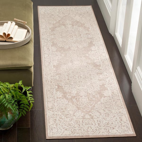 Reflection Beige/Cream 2 ft. x 12 ft. Floral Border Runner Rug