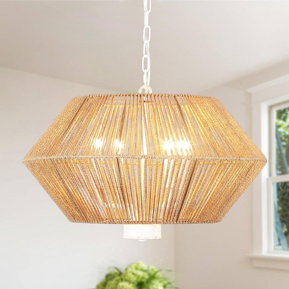 4-Light White and Brown Bohemian Drum Dimmable Hanging Pendant Light Chandelier with Paper Rattan Shade for Living Room price history on PriceWatchPro