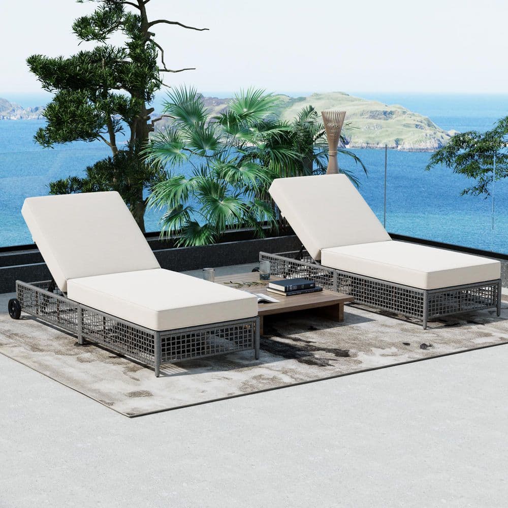 Gray Metal Outdoor Chaise Lounge of 2 with Wheels and Beige Cushions
