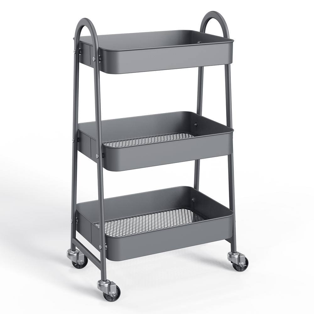 Gray Metal 3-Tier Rolling Kitchen Storage Cart