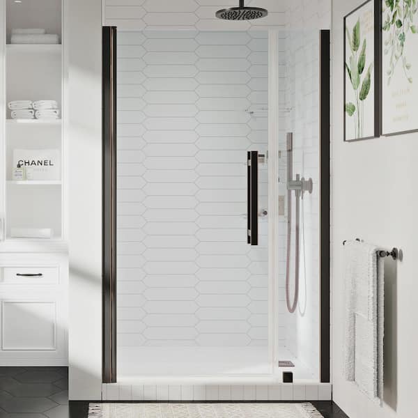 Pasadena 35-3/4 in. W x 72 in. H Pivot Frameless Shower Door in Oil Rubbed Bronze with Shelves