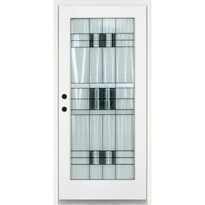 32 in. x 80 in. Right-Hand Inswing Full-Lite Savana Decorative Glass White Finished Fiberglass Prehung Front Door