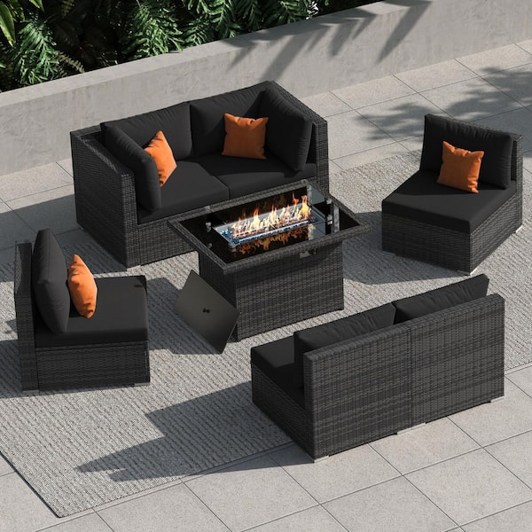 Unbranded High Back Gray 7-Piece Wicker Patio Conversation Sectional Deep Seating Set with Fire Pit Table and Black Cushions