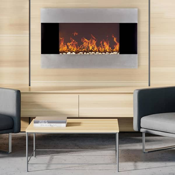 Northwest 36 in. Stainless Steel Electric Fireplace with Wall Mount and Remote in Silver