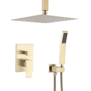 Single-Handle 2-Spray Square Ceiling Mount Shower Faucet with 12 in. Hand Shower in Brushed Gold (Valve Included)