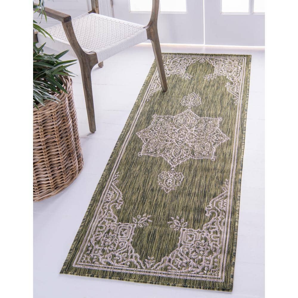 Green and Gray Synthetic Flat Woven Outdoor Runner Rug