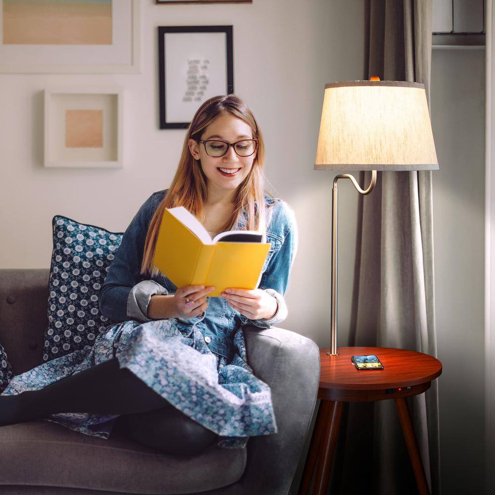 Owen Adjustable Tripod Floor Lamp with Built-In Table and USB Ports, Natural Wood & White