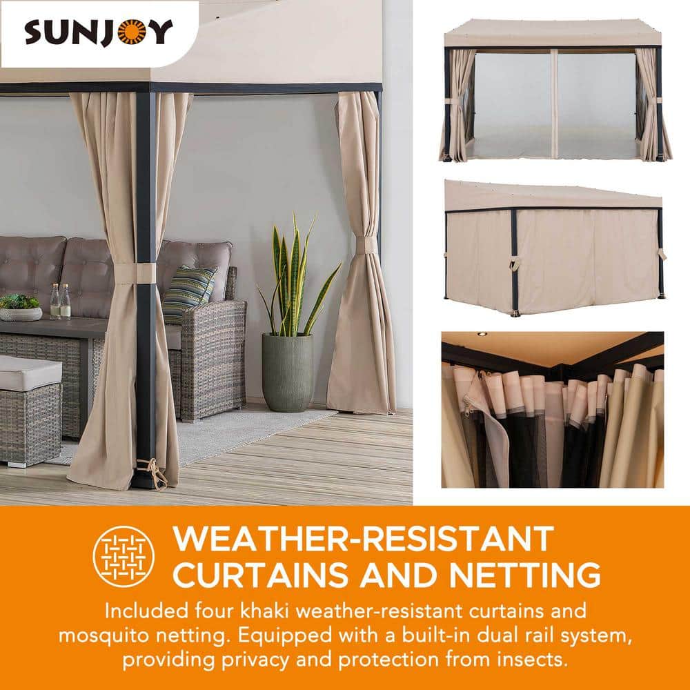 Sunjoy 10 x 12 ft Beige Aluminum Wall-Mounted Gazebo with Curtains