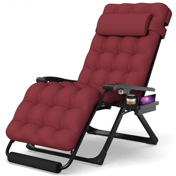 SEEUTEK Fnloe 29 in.W Oversized Zero Gravity Chair Metal Outdoor Chaise Lounge with Claret Removable Cushion and Headrest