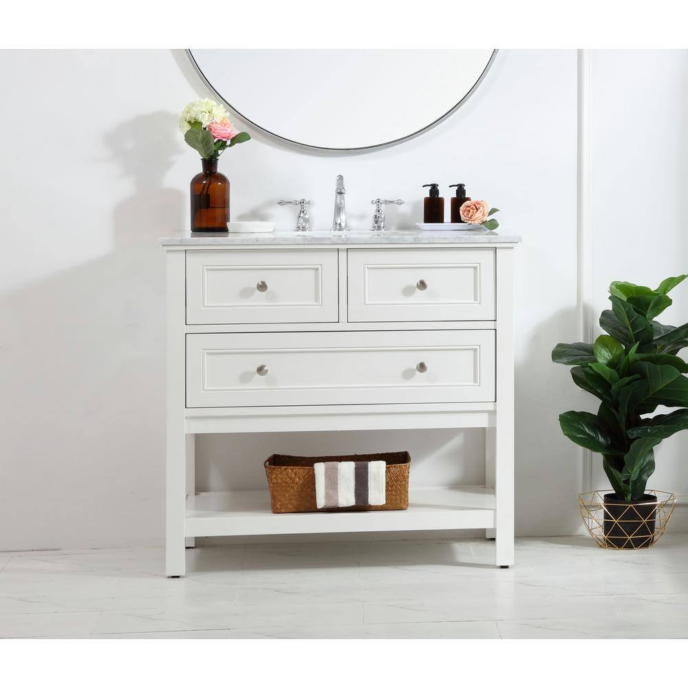 36" White Poplar Wood Bathroom Vanity with Marble Top