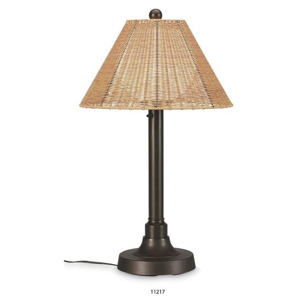 Patio Living Concepts Shangri-La 34 in. Outdoor Bronze Table Lamp with Walnut Wicker Shade