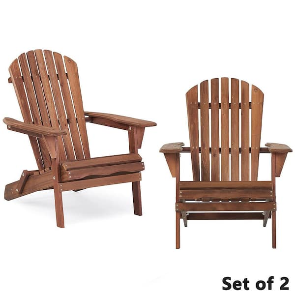 BTMWAY Classic Brown Solid Wood Outdoor Patio Folding Adirondack Chair, Half Assembled (Set of 2)