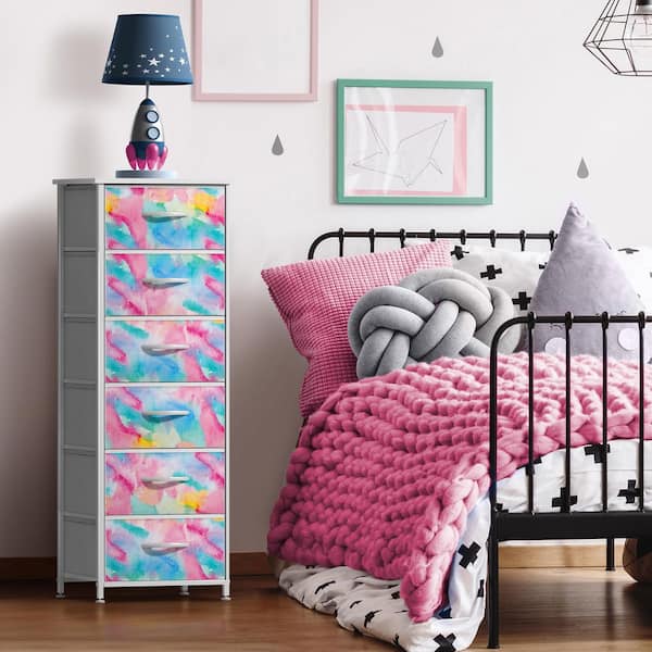 Sorbus Watercolor 6 Drawer 15.75 in Wide Chest of Drawers, Tall Dresser with Steel Frame, Wood Top and Foldable Fabric Bins
