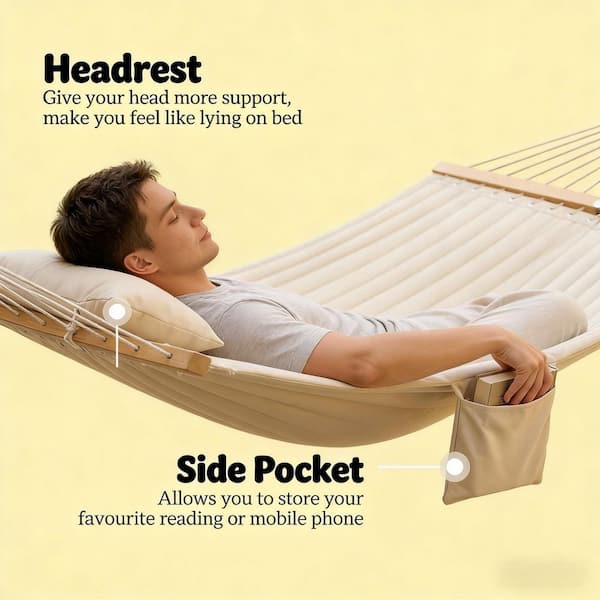 2-Person Beige Wood Porch Swing, Patio Swing Chair Double Hammock