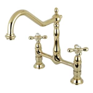 Heritage 2-Handle Bridge Kitchen Faucet with Cross Handles in Polished Brass