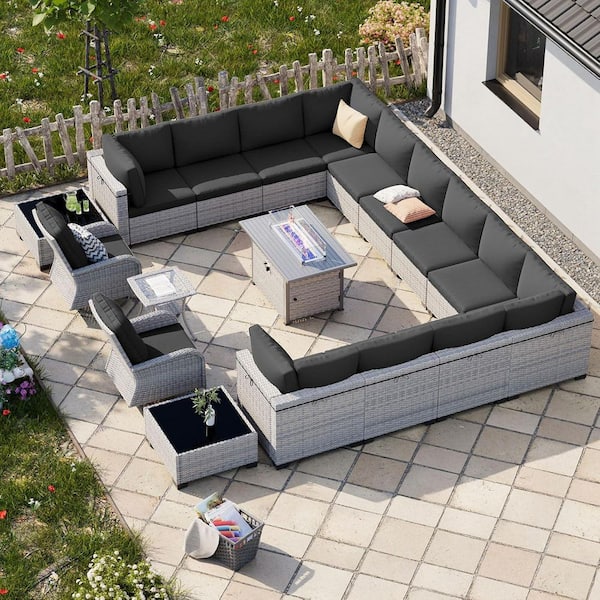 muphyers 18-Piece Wicker Patio Conversation Set with Fire Pit Table and Top Table. Swivel Rocking Chairs with Dark Gray Cushions