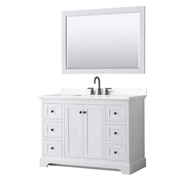 Wyndham Collection Avery 48 in. W x 22 in. D x 35 in. H Single Bath Vanity in White with Giotto Quartz Top and 46 in. Mirror