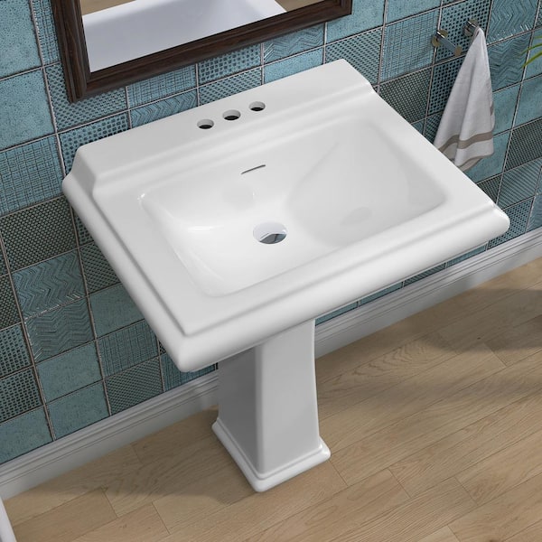 Zeafive 26 in. W x 20 in. D Vitreous China Pedestal Sink Combo Rectangular Bathroom Sink in White with Centerset 3 Faucet Hole