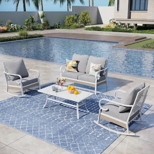 White 4-Piece Metal Outdoor Patio Conversation Seating Set with Rocking Chairs, Marbling Coffee Table and Gray Cushions