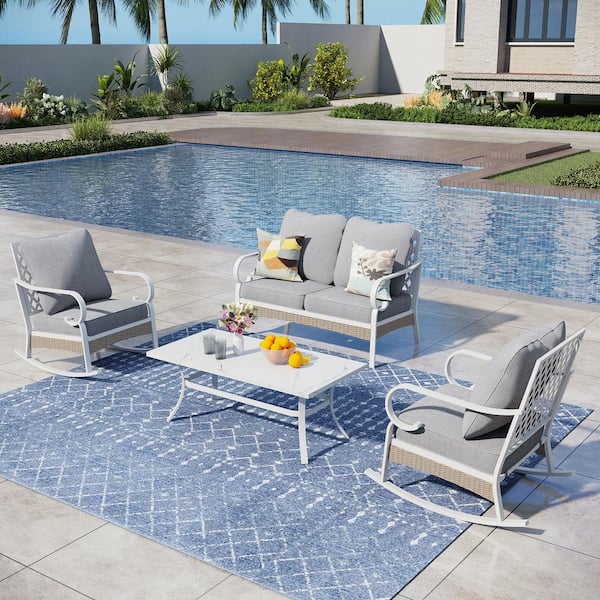 PHI VILLA White 4-Piece Metal Outdoor Patio Conversation Seating Set with Rocking Chairs, Marbling Coffee Table and Gray Cushions
