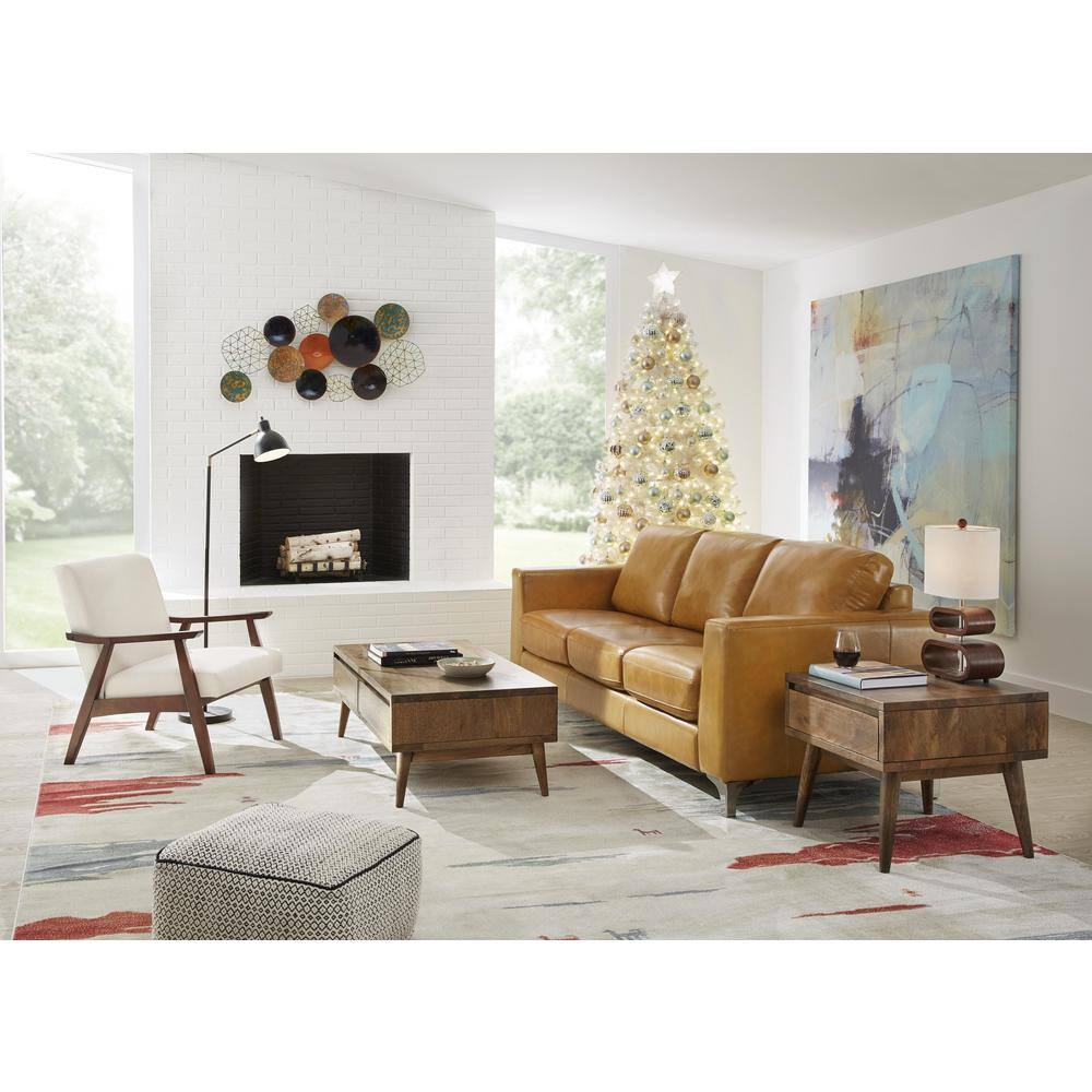 Walnut and Natural Fabric Oval Table Lamp with 3-Way Switch