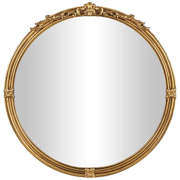 Litton Lane 36 in. H x 37 in. W. Layered Frame Round Framed Gold Scroll Wall Mirror with Floral Accents