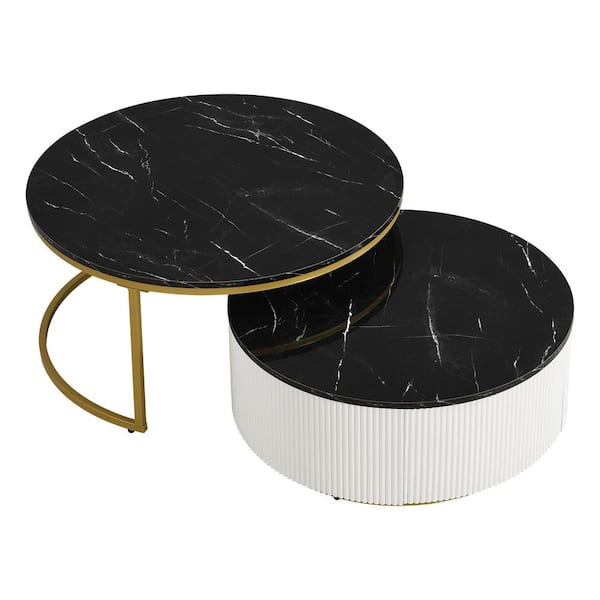 Black Modern Wood Round Nesting Coffee Table Fluted with Drawer