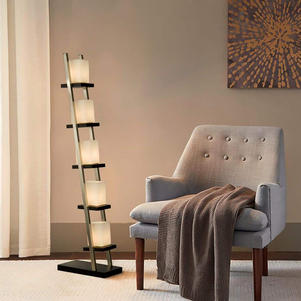 Escalier 5-Light Arc Floor Lamp in Espresso & Brushed Nickel with Off-White Glass Shades