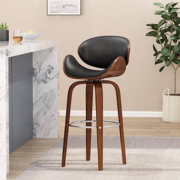 Cordele 42.75 in. Midnight Black and Walnut Swivel Bar Stool