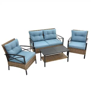 Swallow 4-Piece Wicker Outdoor Patio Conversation Set with Blue Cushions