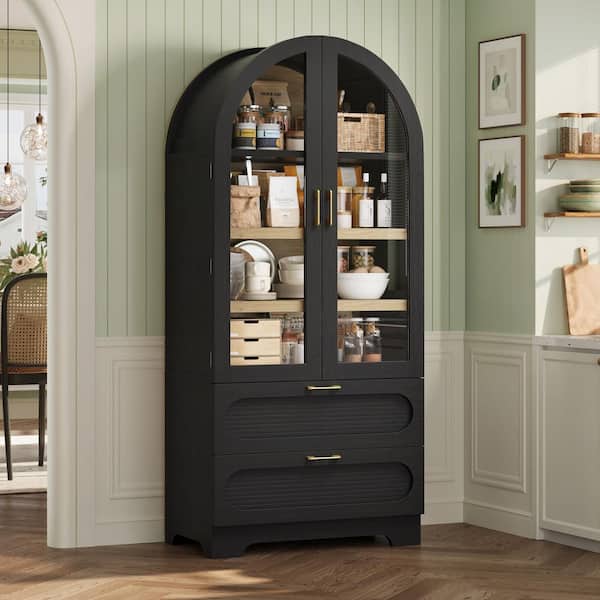 Manufactured Wood 31 in. x 71 in. Arched Glass Door Pantry Cabinet Black w/ Adjustable Shelves and Built-in LED Lighting