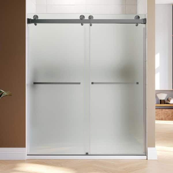 UNIKOO UKD01 56 to 60 in. W x 80 in. H Double Sliding Frameless Shower Door in Space Gray, EnduroShield 3/8 in. Acid-Etch Glass