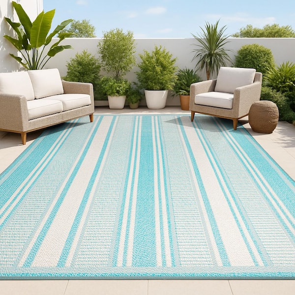 Haynes Modern Aqua/Beige 8 ft. x 10 ft. Double Stripe Indoor/Outdoor Area Rug