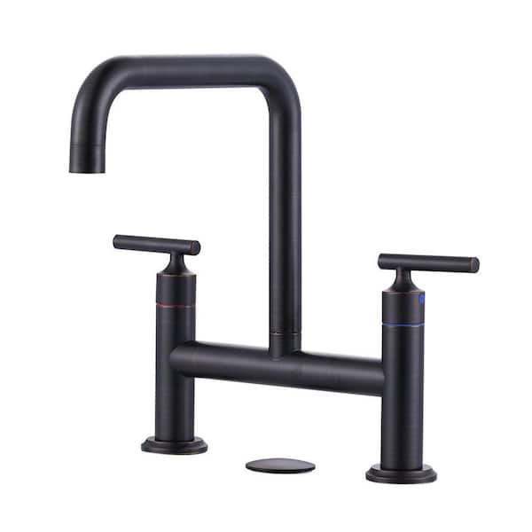 8 in. Centerset Double Handle Brass Bridge Kitchen Faucet with Sink Hole Cover in Oil Rubbed Bronze