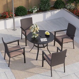 Black 5-Piece Metal Slat Round Table Patio Outdoor Dining Set with Rattan Chairs with Beige Cushion