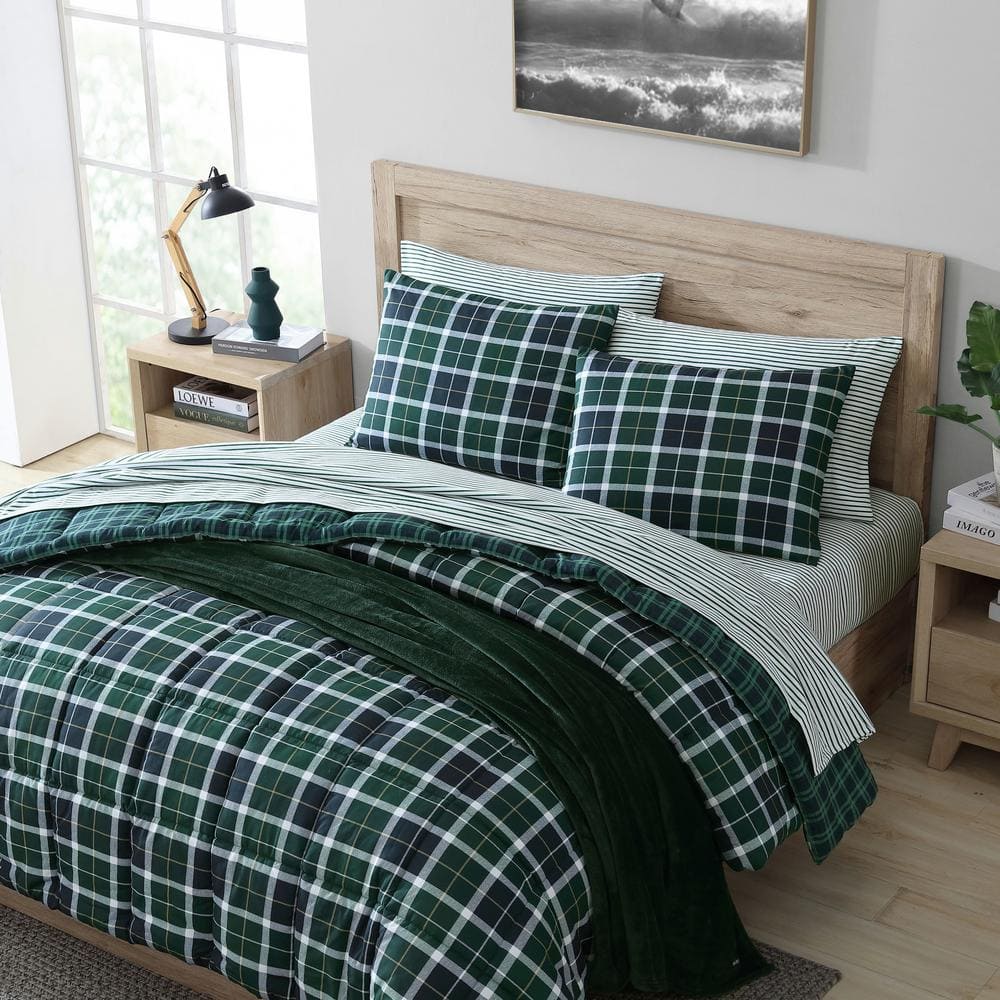Green and Navy Plaid Full/Queen Duvet Cover Set with Shams