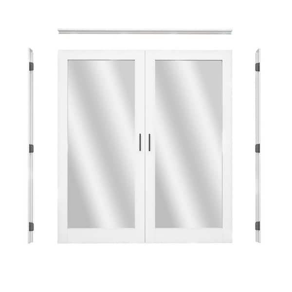72 in. x 80 in. 1-Lite Mirrored Glass Universal White Solid Core Glass Double Prehung French Door +Quick Jamb&Ball Catch