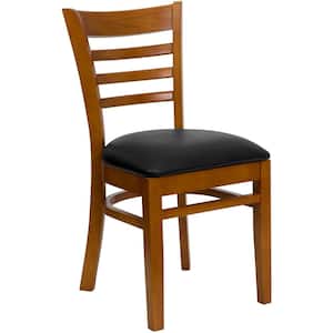 Hercules Series Cherry Ladder Back Wooden Restaurant Chair with Black Vinyl Seat