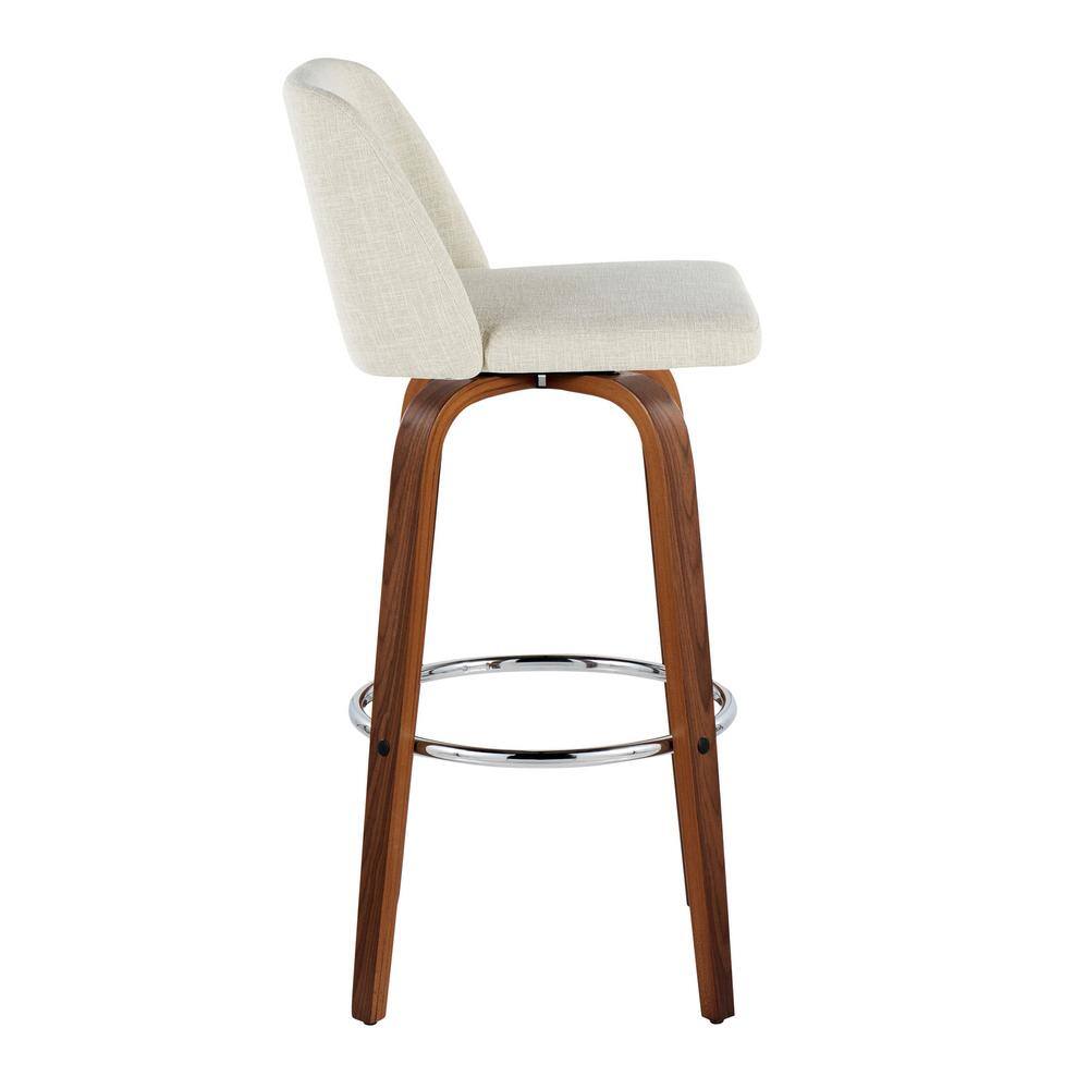 Cream Upholstered Swivel Bar Stools with Walnut Legs