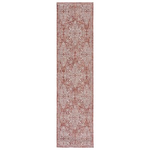 Courtyard Red/Ivory 2 ft. x 9 ft. Distressed Border Floral Indoor/Outdoor Runner Rug