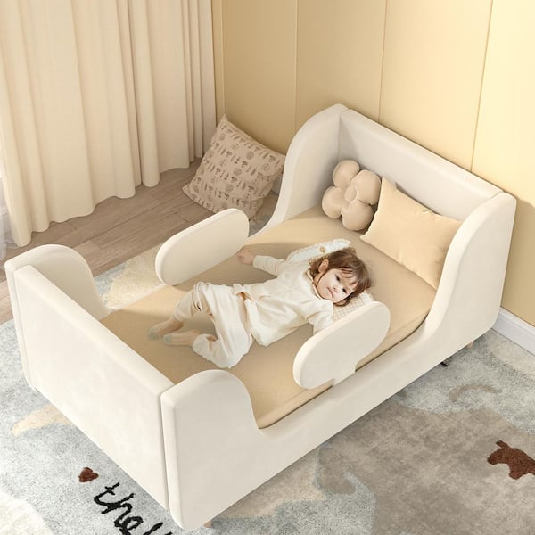 Toddler Floor Bed with Removable Safety Rails Kids Bed Standard Crib Size Toddler Upholstered Bed, White